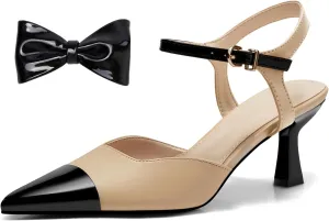 Coutgo Womens Kitten Heels Dress Shoes Closed Pointed Toe Ankle Strap Bow Pumps