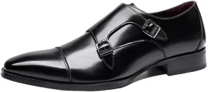 Dress Oxford for Men Slip On Round Toe Double Monk Strap Cap Toe Artificial PU Rubber Sole Anti-Slip Low Top Slip Resistant Walking