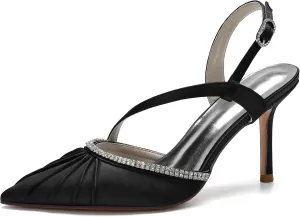 DXSYMJM Slingback Sandals Women's Closed Pointed Toe Stiletto High Heel Wedding Shoes with Rhinestones