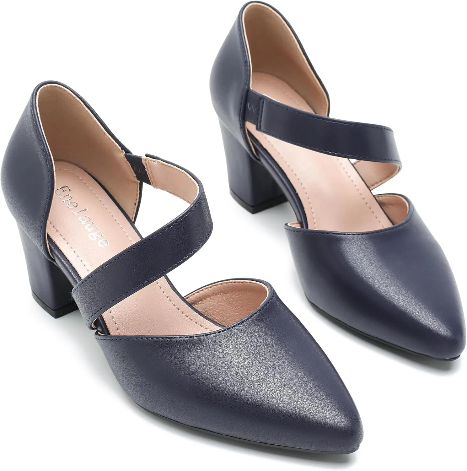 Enelauge Women's Closed Toe Pumps Strappy Chunky Heels Pointed Toe Low Block Heels Comfortable Dress Wedding Bride Prom Shoes