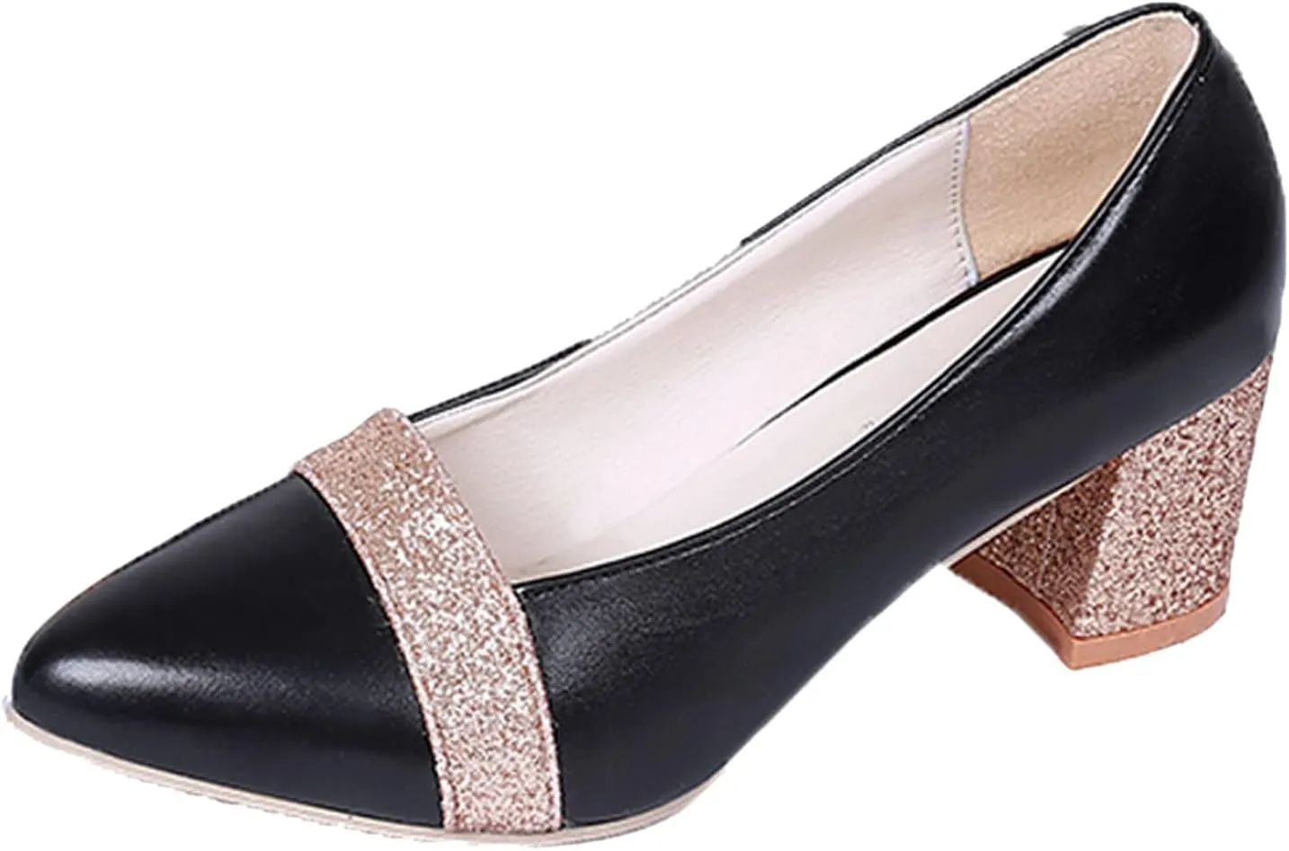 Fashion Autumn Women Casual Shoes Thick Heel Medium Heel Pointed Toe Colorblock Sequins Wide Womens Casual Shoes (Black, 7.5)