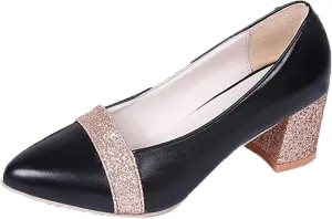 Fashion Autumn Women Casual Shoes Thick Heel Medium Heel Pointed Toe Colorblock Sequins Wide Womens Casual Shoes (Black, 7.5)