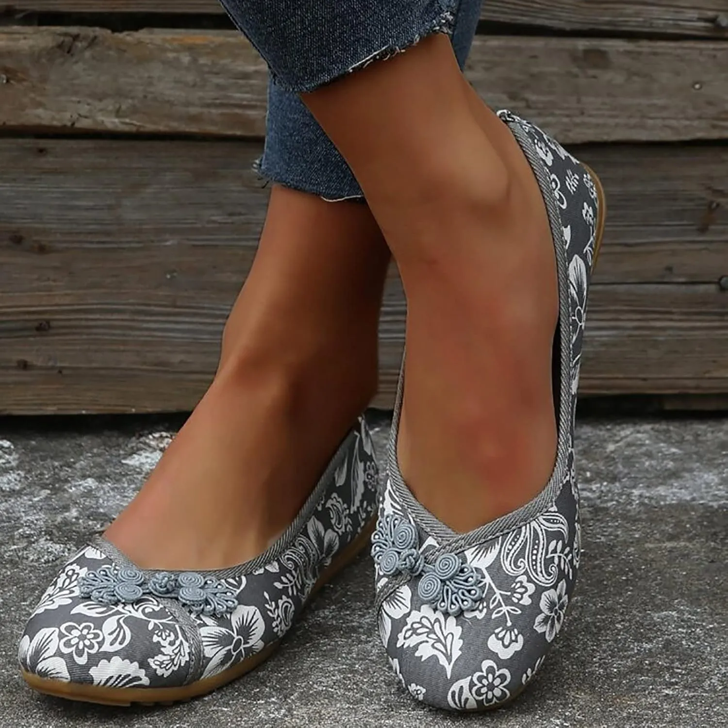 Floral Print Button Decor Ballet For Women Slip On Shallow Mouth Simple Single Shoes Casual Bow Sandals for Women Wedges