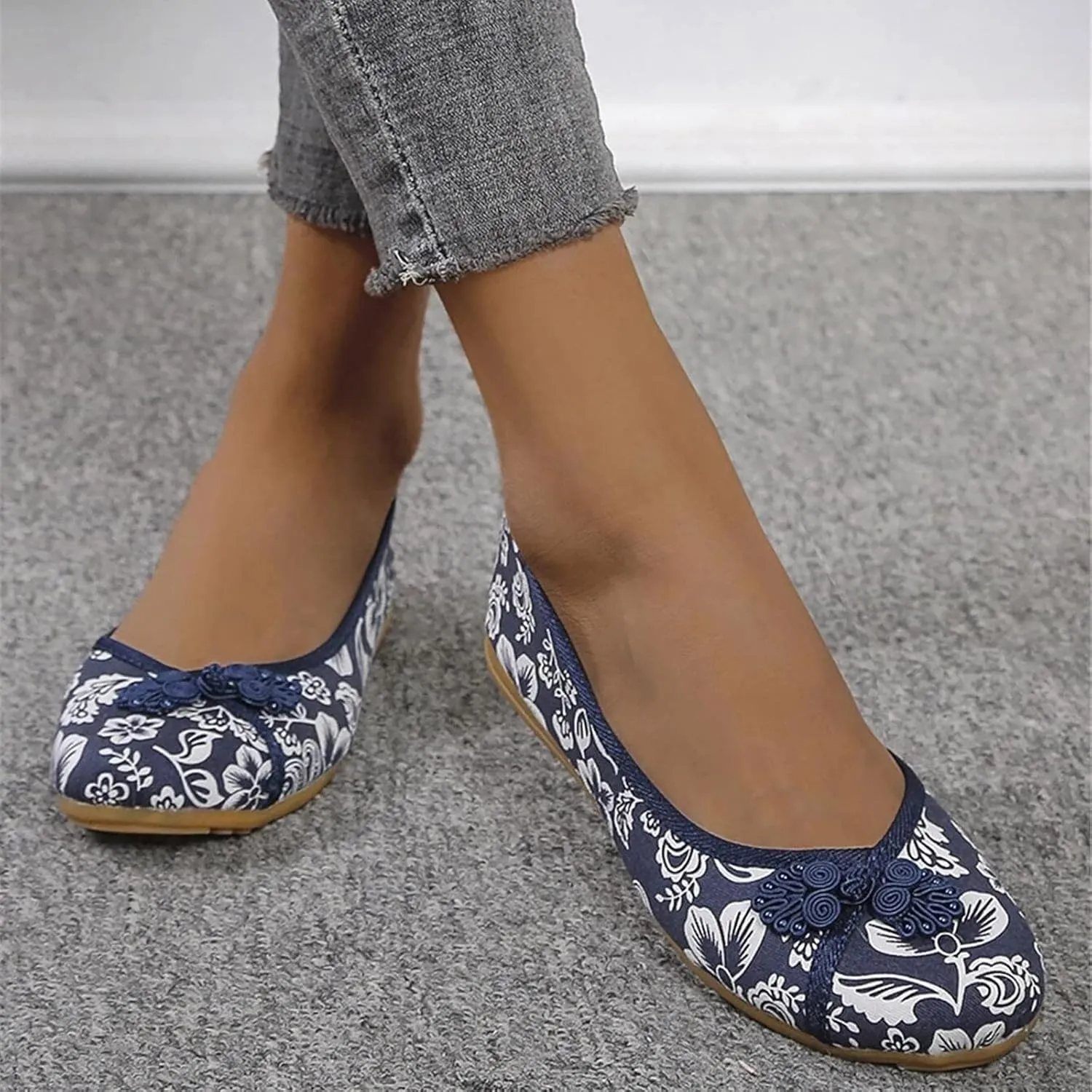 Floral Print Button Decor Ballet For Women Slip On Shallow Mouth Simple Single Shoes Casual Bow Sandals for Women Wedges