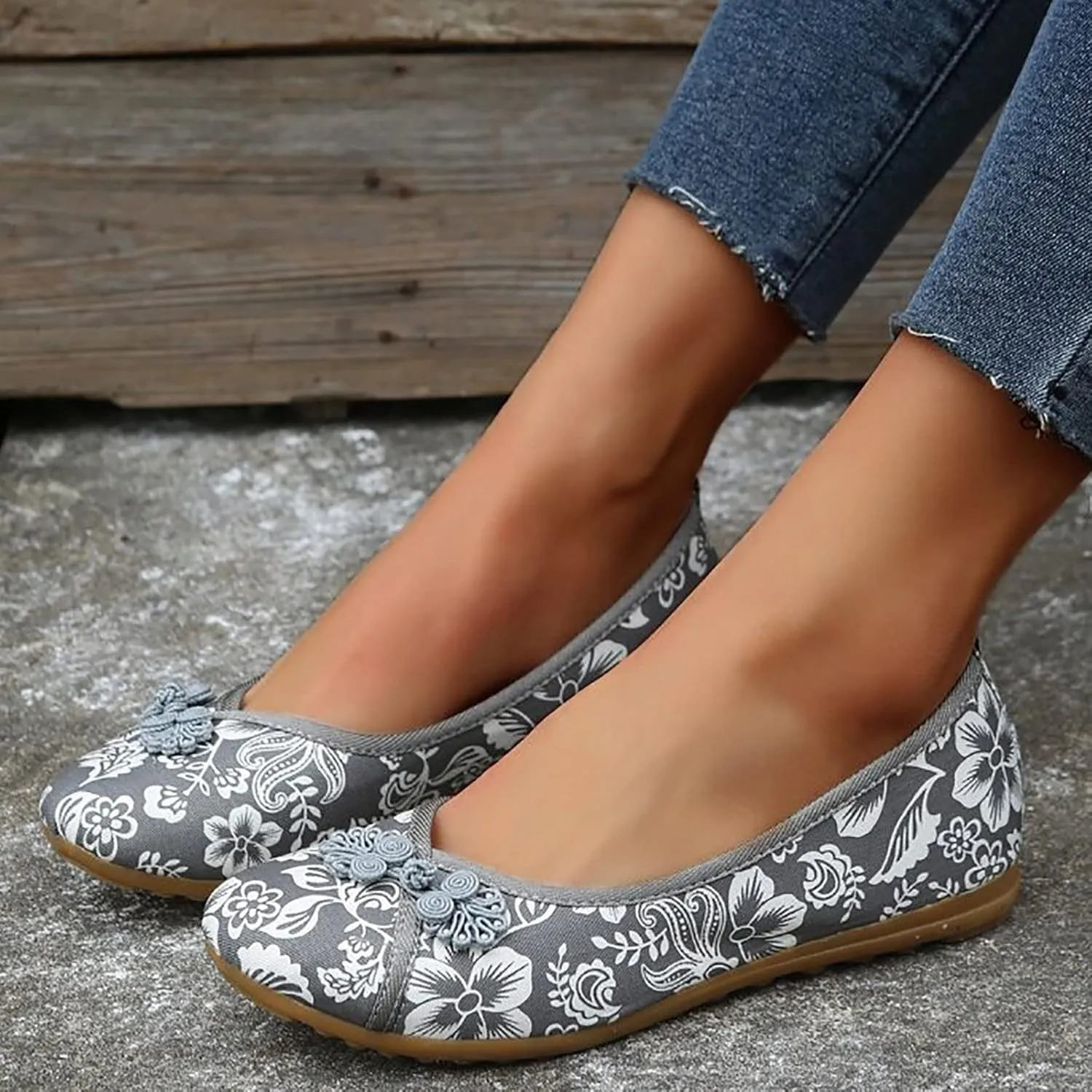 Floral Print Button Decor Ballet For Women Slip On Shallow Mouth Simple Single Shoes Casual Bow Sandals for Women Wedges