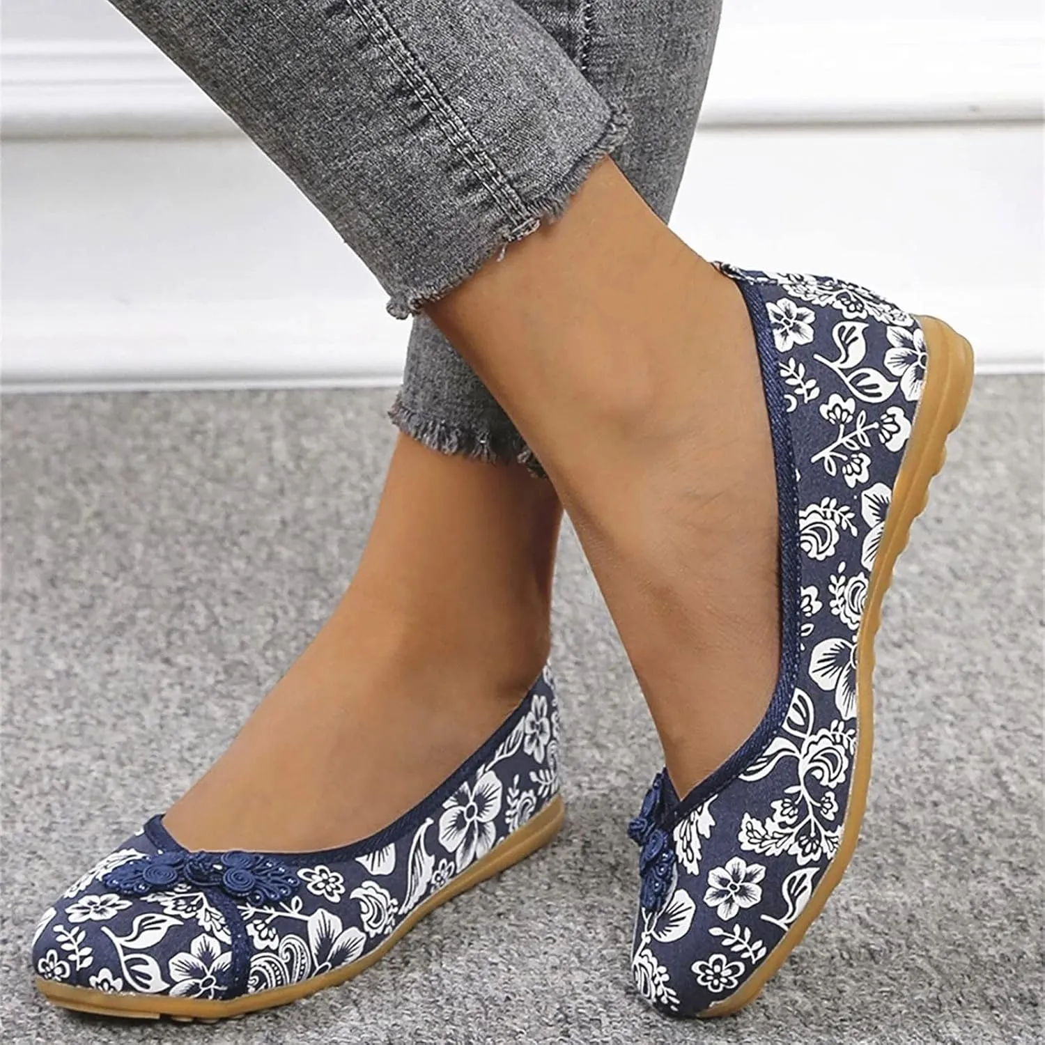 Floral Print Button Decor Ballet For Women Slip On Shallow Mouth Simple Single Shoes Casual Bow Sandals for Women Wedges