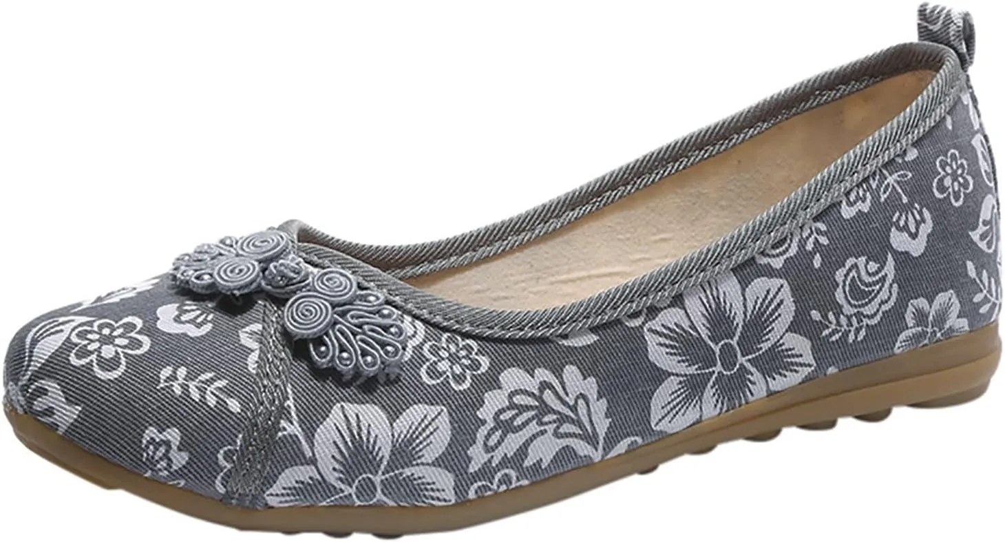 Floral Print Button Decor Ballet For Women Slip On Shallow Mouth Simple Single Shoes Casual Bow Sandals for Women Wedges