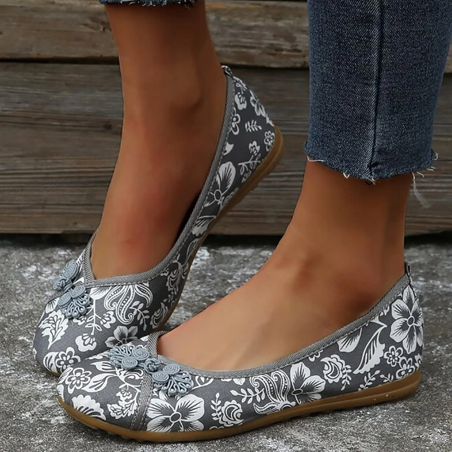Floral Print Button Decor Ballet For Women Slip On Shallow Mouth Simple Single Shoes Casual Bow Sandals for Women Wedges