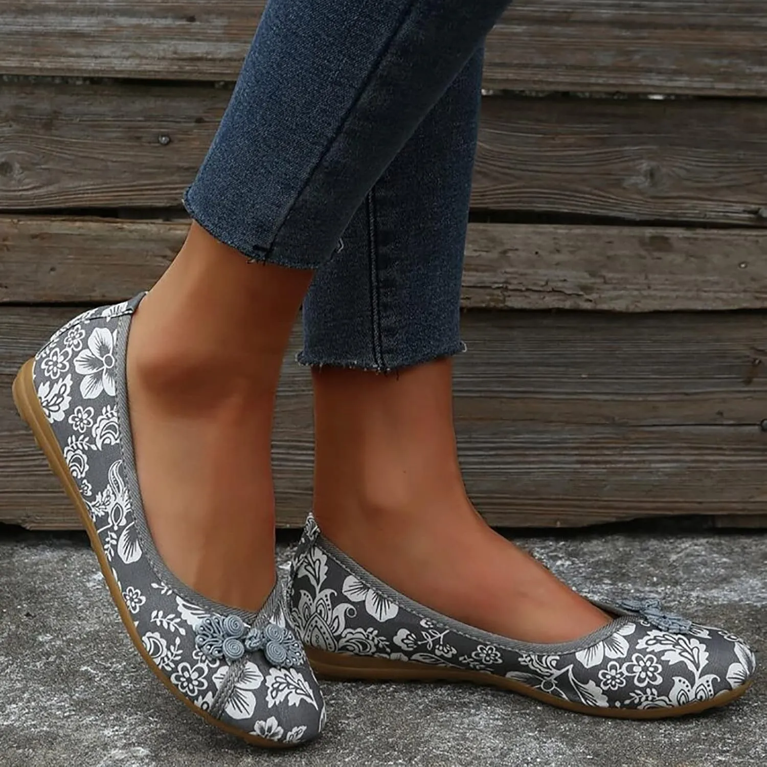 Floral Print Button Decor Ballet For Women Slip On Shallow Mouth Simple Single Shoes Casual Bow Sandals for Women Wedges