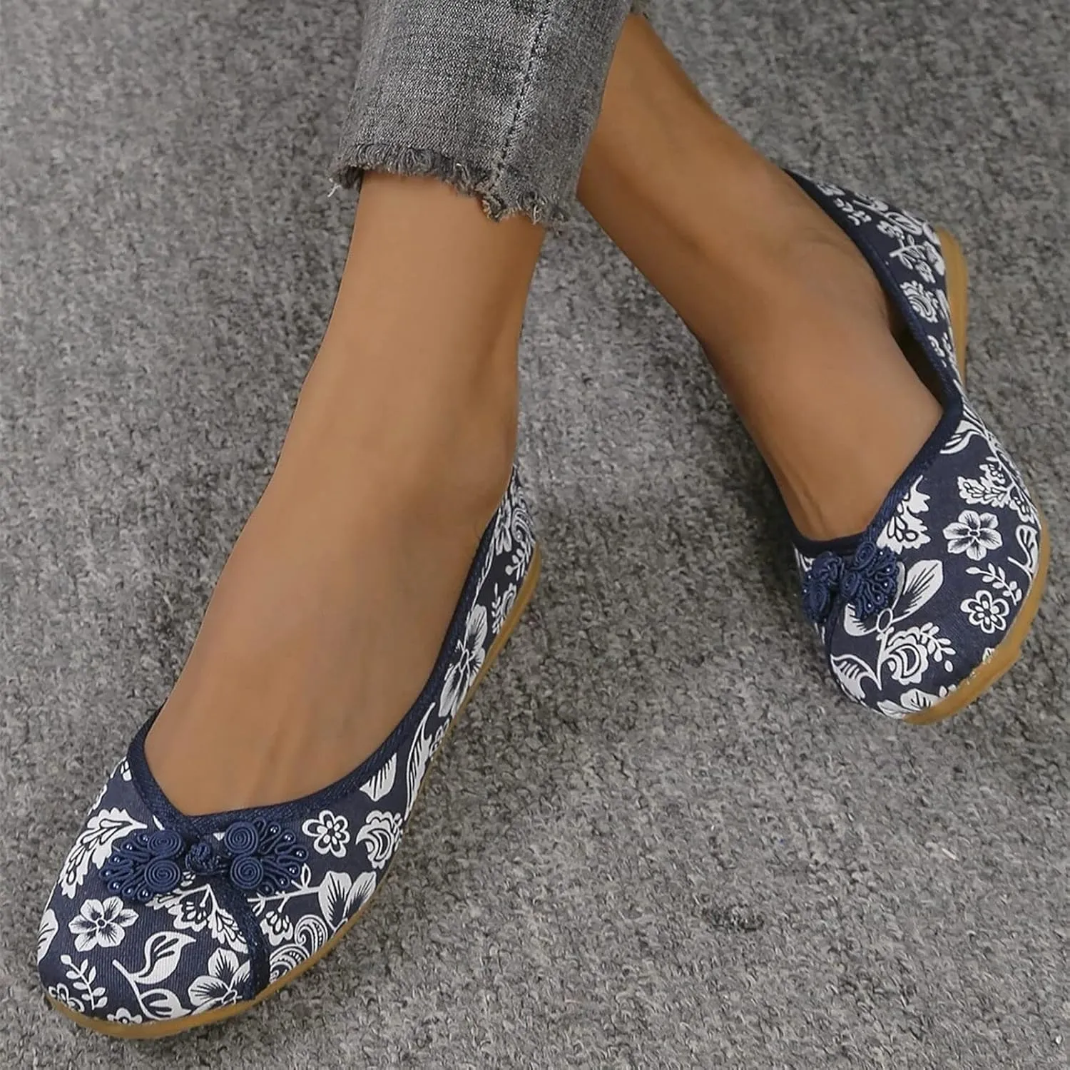 Floral Print Button Decor Ballet For Women Slip On Shallow Mouth Simple Single Shoes Casual Bow Sandals for Women Wedges