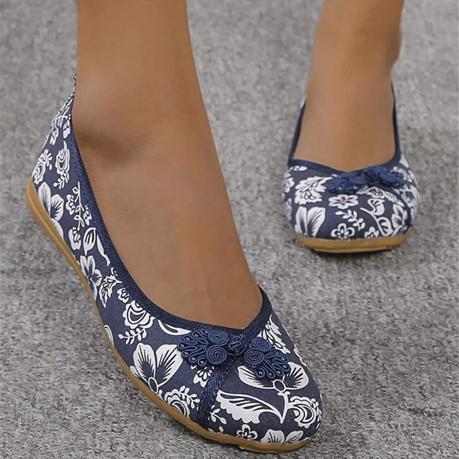 Floral Print Button Decor Ballet For Women Slip On Shallow Mouth Simple Single Shoes Casual Bow Sandals for Women Wedges