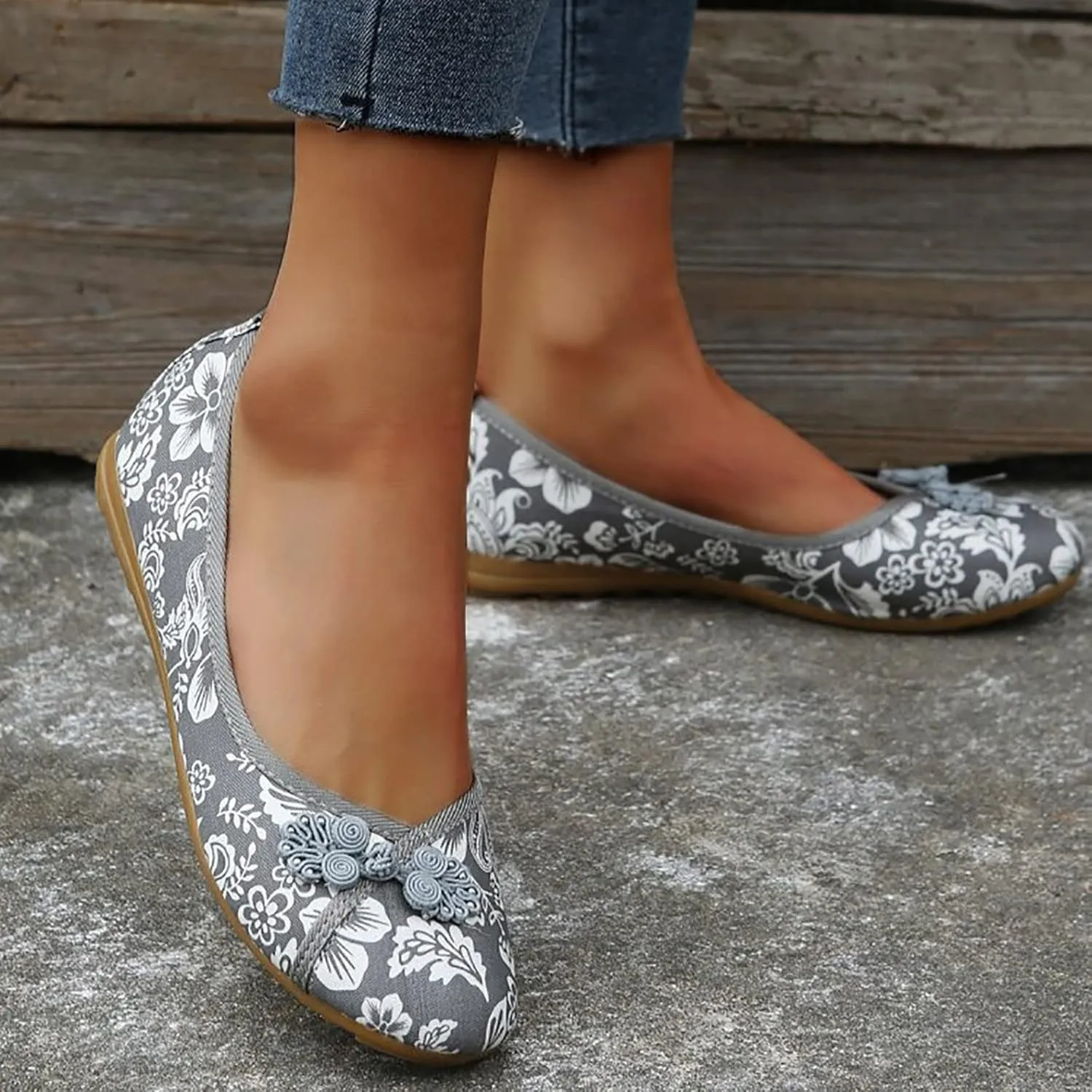 Floral Print Button Decor Ballet For Women Slip On Shallow Mouth Simple Single Shoes Casual Bow Sandals for Women Wedges