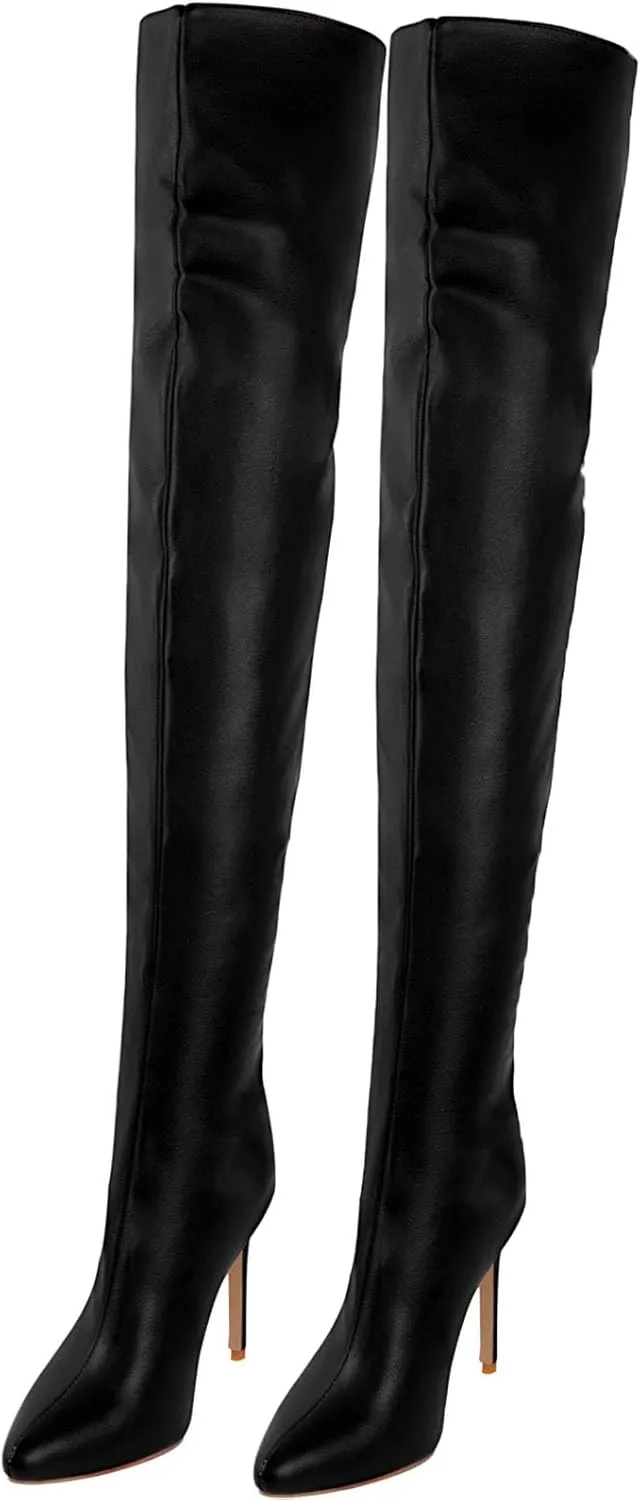 Knee High Straight Boots, Women's High Thigh Boots Pointed Toe Rear Zipper High Stiletto Solid Color Over The Knee Boots Patent Leather Modified Fashion Boots