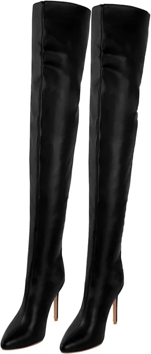 Knee High Straight Boots, Women's High Thigh Boots Pointed Toe Rear Zipper High Stiletto Solid Color Over The Knee Boots Patent Leather Modified Fashion Boots