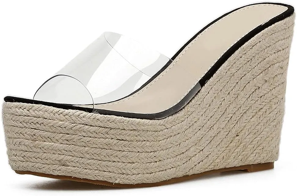 KOKOMOMO Womens Clear Peep Toe Mules Transparent Wedge Espadrille Sandals