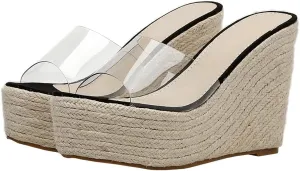 KOKOMOMO Womens Clear Peep Toe Mules Transparent Wedge Espadrille Sandals
