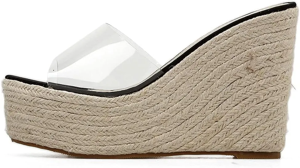 KOKOMOMO Womens Clear Peep Toe Mules Transparent Wedge Espadrille Sandals