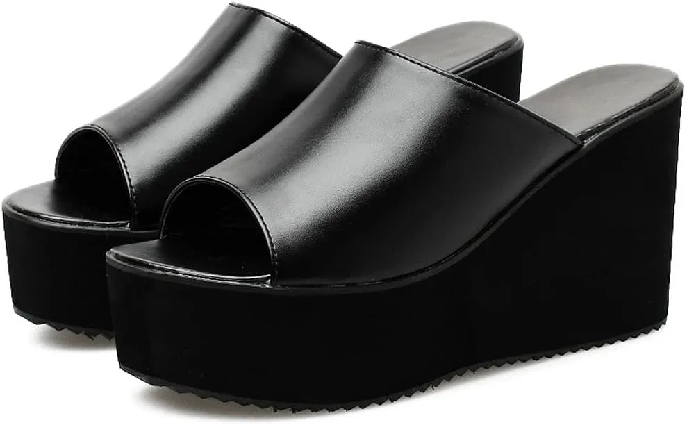 KOKOMOMO Womens Wedges Heels Platform Peep Open Toe Mules Wedge Slide Sandals Summer Beach Shoes