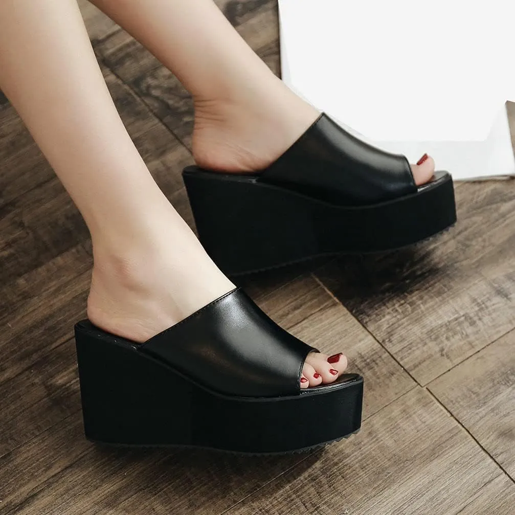 KOKOMOMO Womens Wedges Heels Platform Peep Open Toe Mules Wedge Slide Sandals Summer Beach Shoes