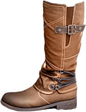 Ladmiple Cowgirl Boots Women Knee High Western Cowboy Boots Pointed Toe Chunky Heel Pull On Fashion Boots for Ladies