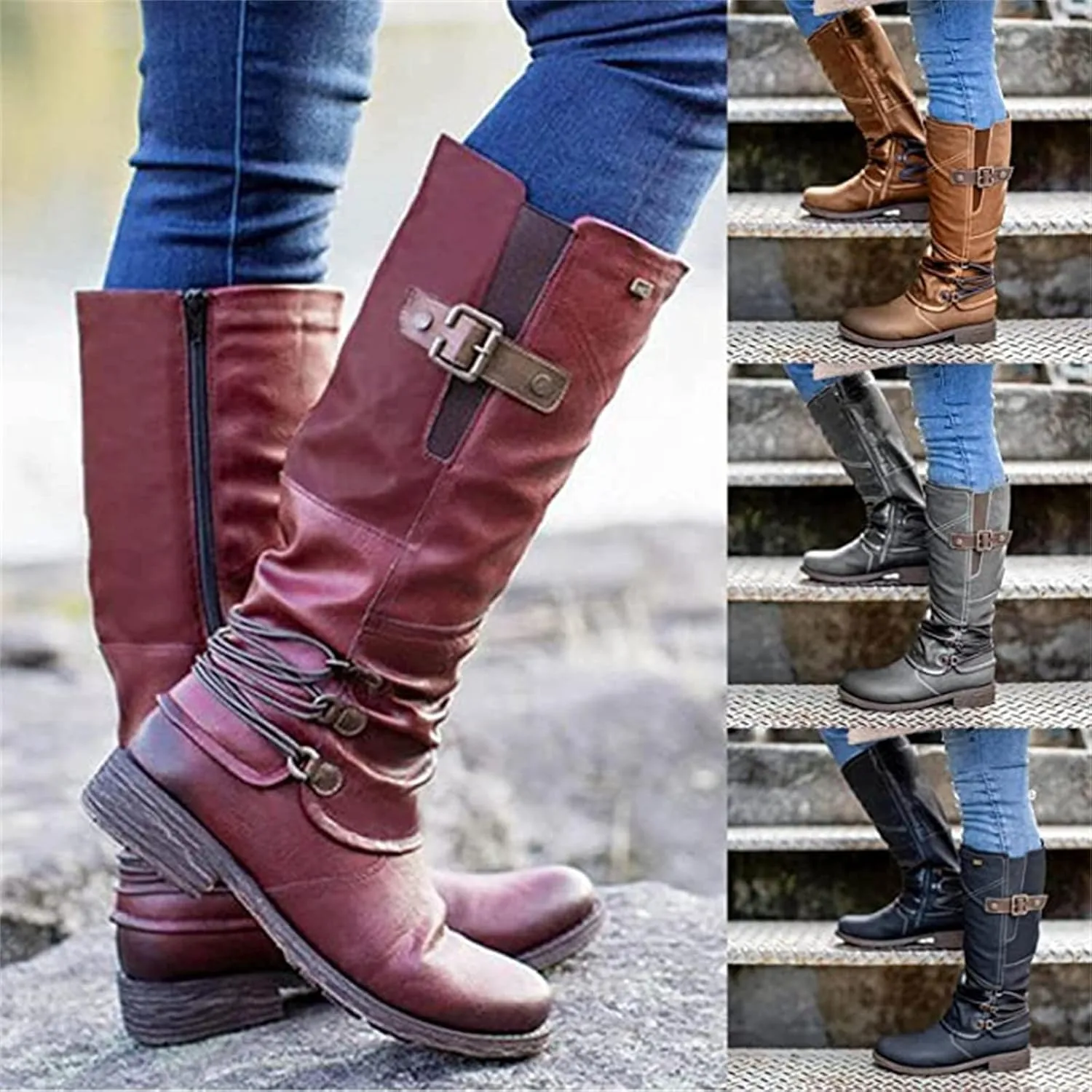 Ladmiple Cowgirl Boots Women Knee High Western Cowboy Boots Pointed Toe Chunky Heel Pull On Fashion Boots for Ladies