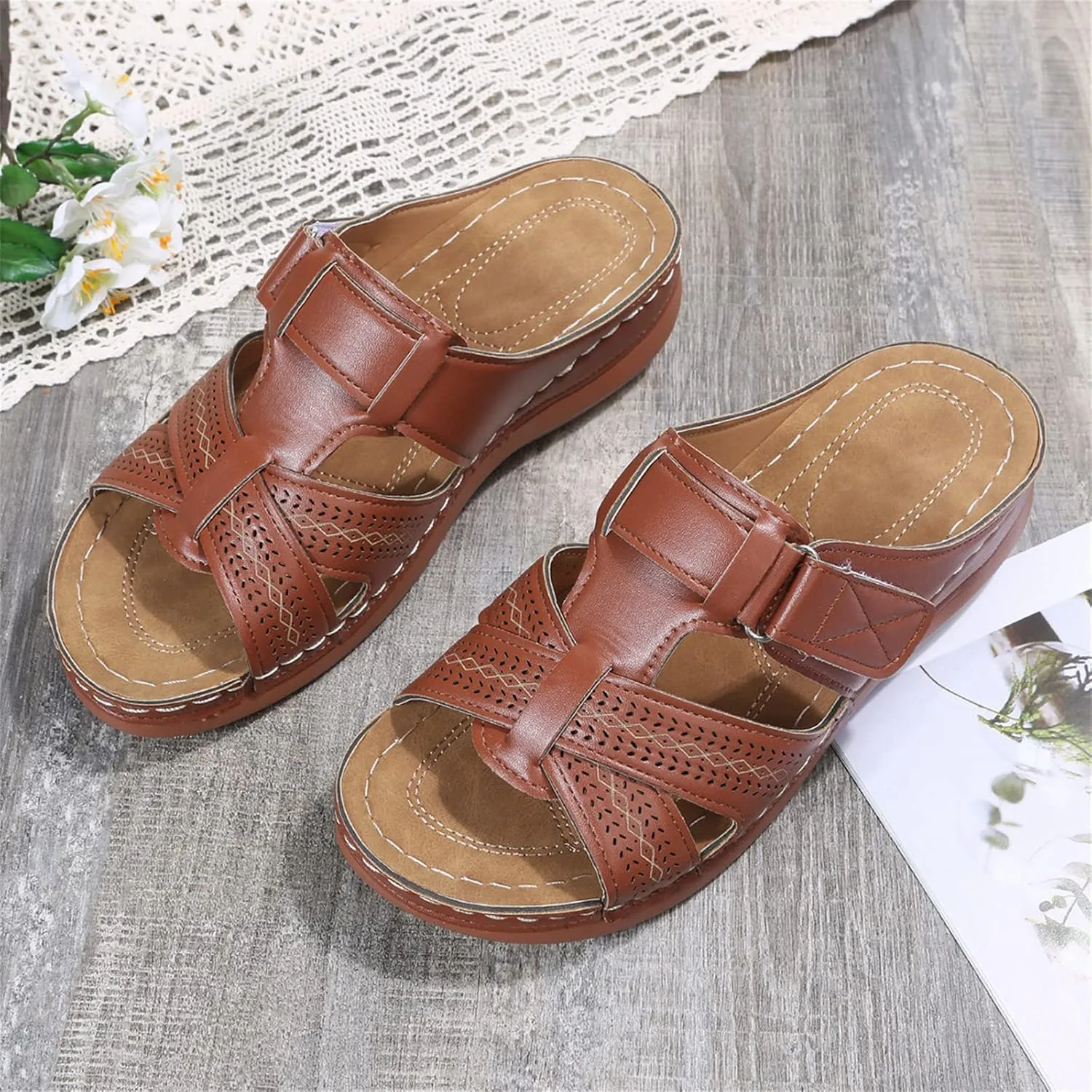 Lausiuoe Orthopedic Sandals Women Dressy Summer Flat Sandals Slip On Open Toe Casual Orthotic Slides Flip Flops Sandalias