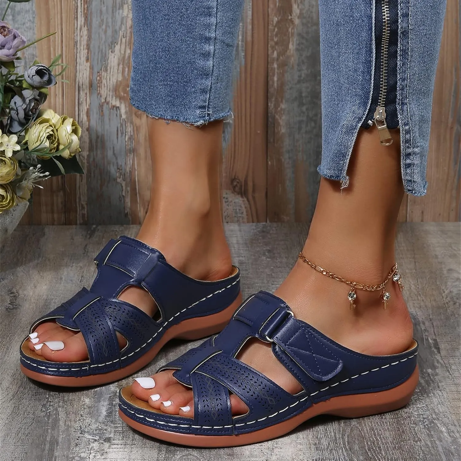 Lausiuoe Orthopedic Sandals Women Dressy Summer Flat Sandals Slip On Open Toe Casual Orthotic Slides Flip Flops Sandalias