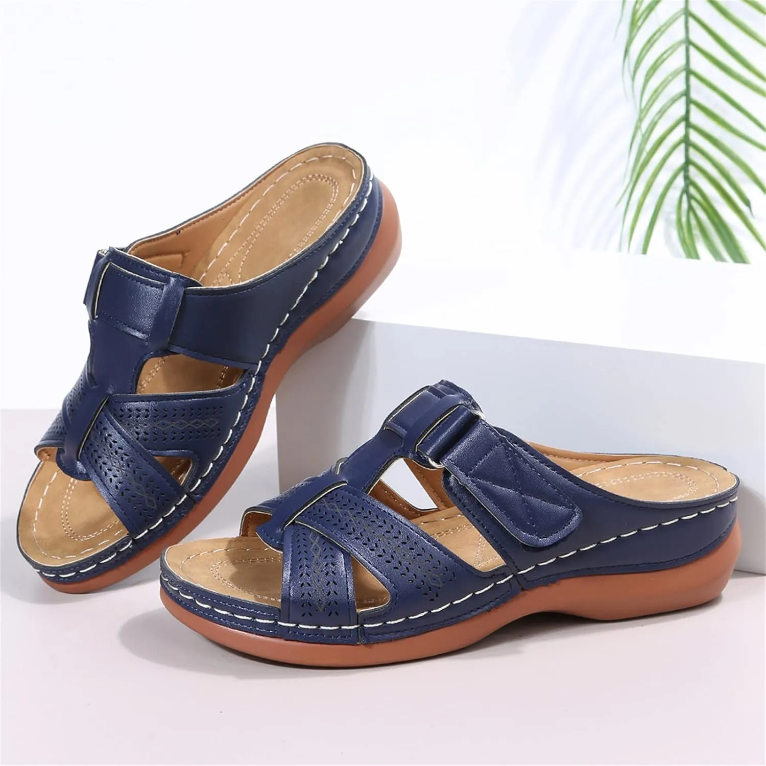 Lausiuoe Orthopedic Sandals Women Dressy Summer Flat Sandals Slip On Open Toe Casual Orthotic Slides Flip Flops Sandalias