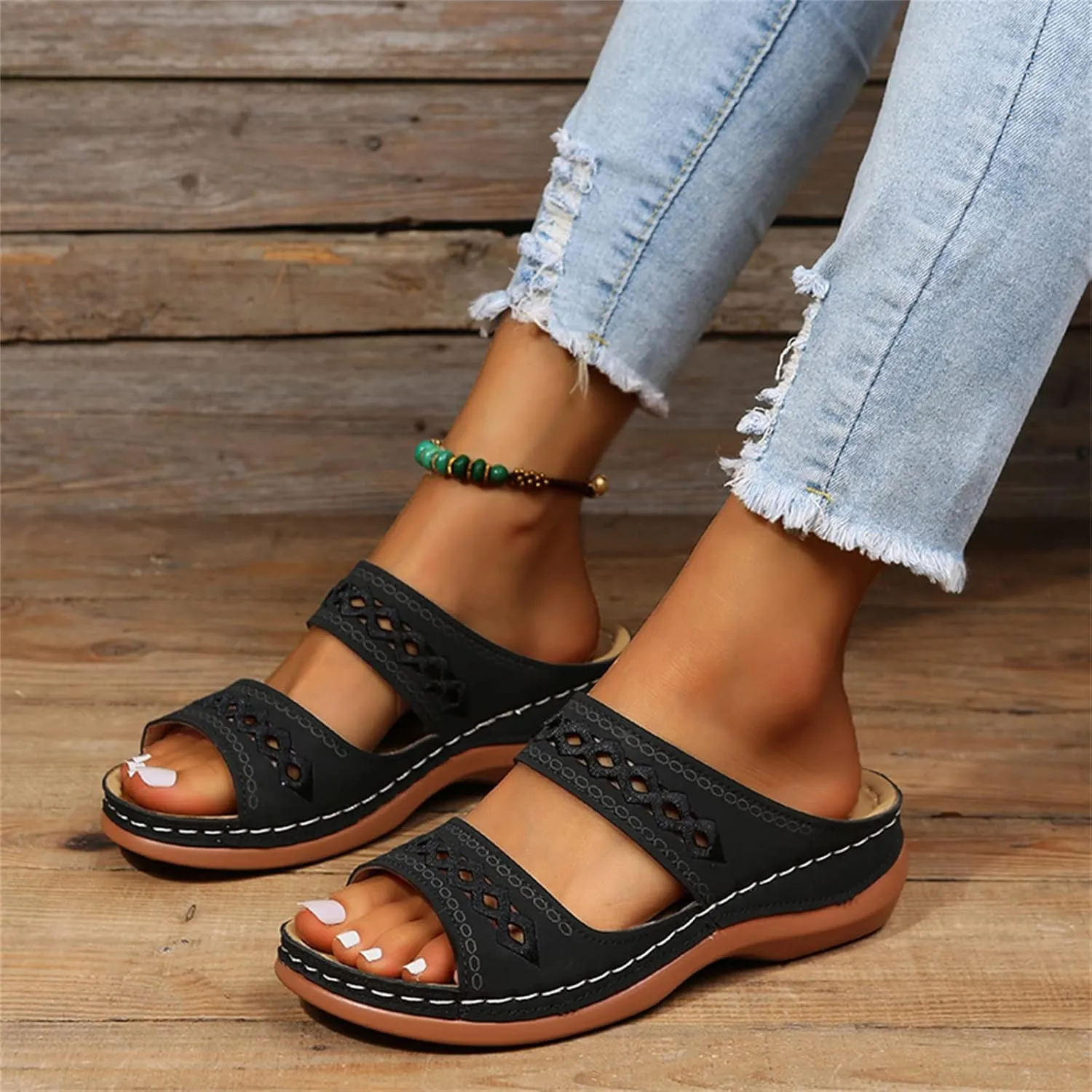 Lausiuoe Sandals Women Dressy Summer Flat Walking Comfortable Orthopedic Slippers Comfy Orthotic Slides With Arch Support