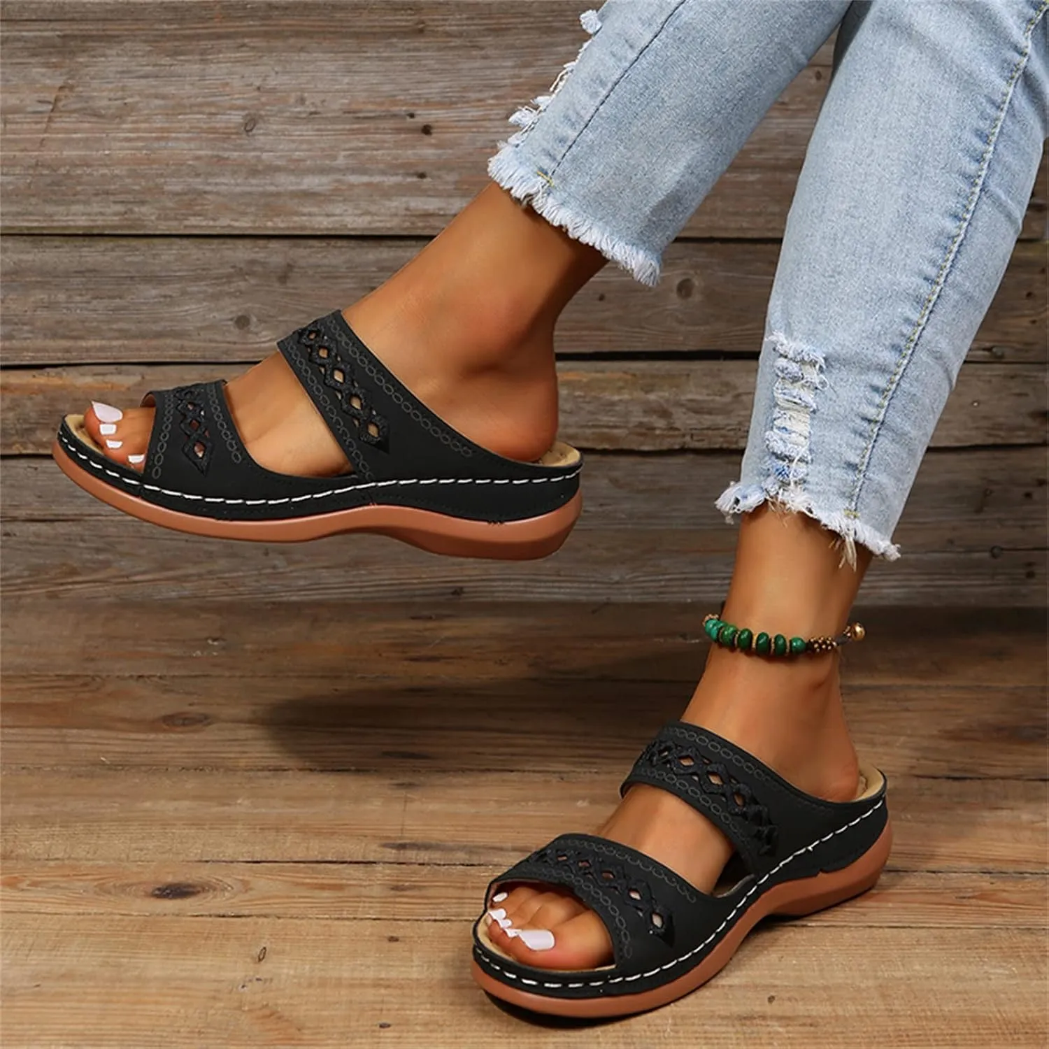 Lausiuoe Sandals Women Dressy Summer Flat Walking Comfortable Orthopedic Slippers Comfy Orthotic Slides With Arch Support
