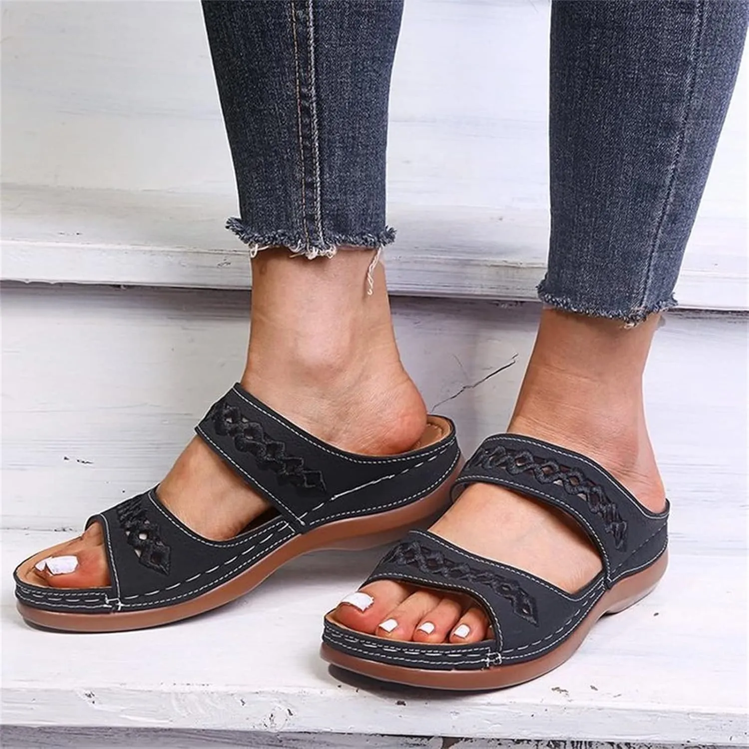 Lausiuoe Sandals Women Dressy Summer Flat Walking Comfortable Orthopedic Slippers Comfy Orthotic Slides With Arch Support