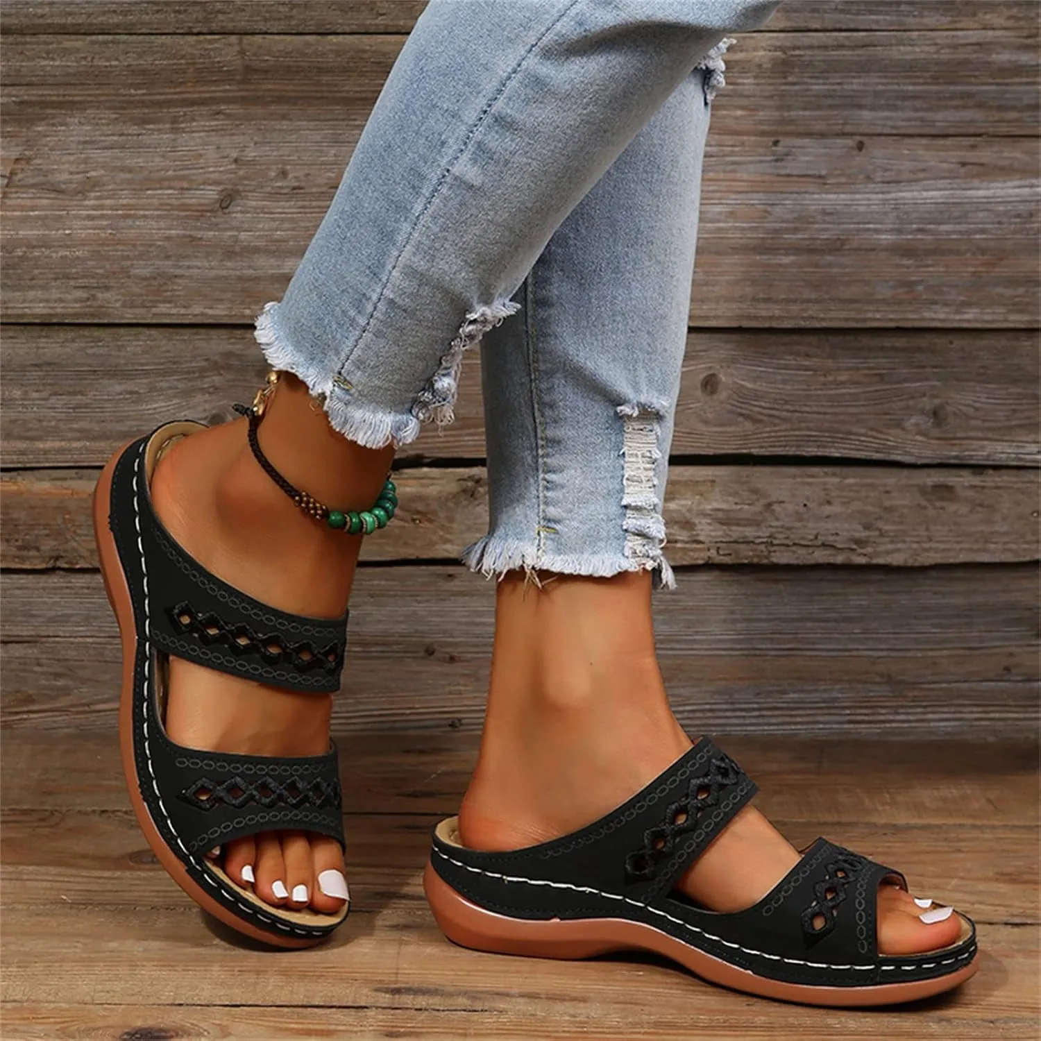Lausiuoe Sandals Women Dressy Summer Flat Walking Comfortable Orthopedic Slippers Comfy Orthotic Slides With Arch Support