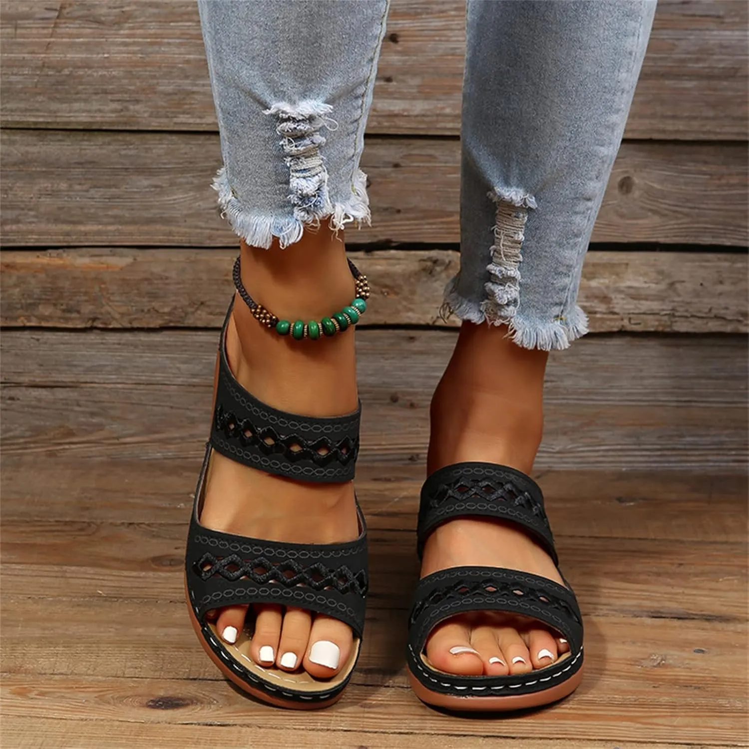 Lausiuoe Sandals Women Dressy Summer Flat Walking Comfortable Orthopedic Slippers Comfy Orthotic Slides With Arch Support