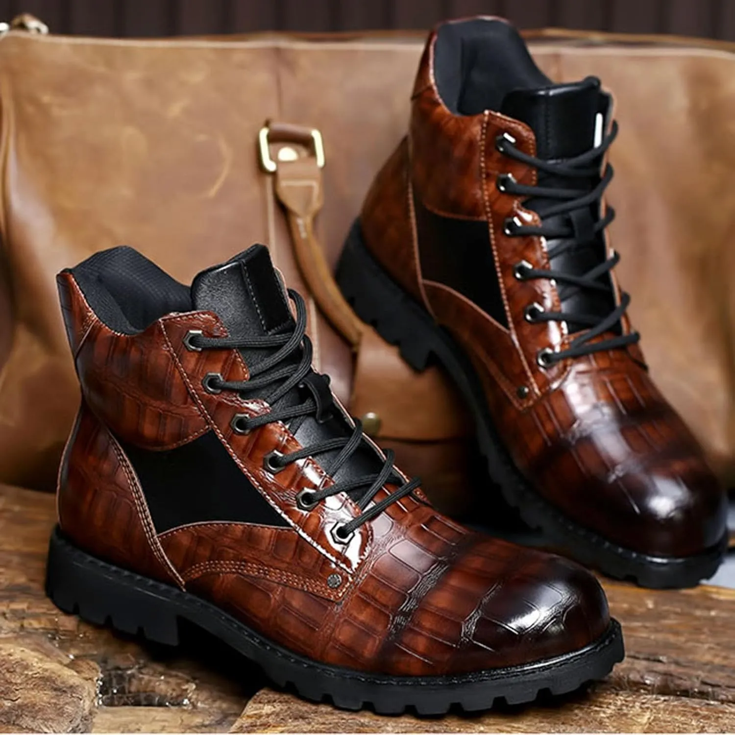 Leather Oxford Dress Casual Fashion Boots for Men Mid Top Lace Up Chukka Ankle Mens
