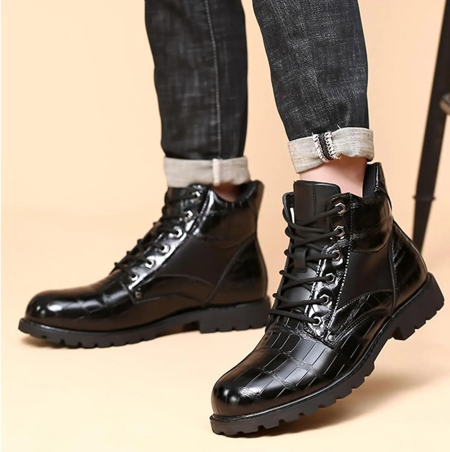 Leather Oxford Dress Casual Fashion Boots for Men Mid Top Lace Up Chukka Ankle Mens