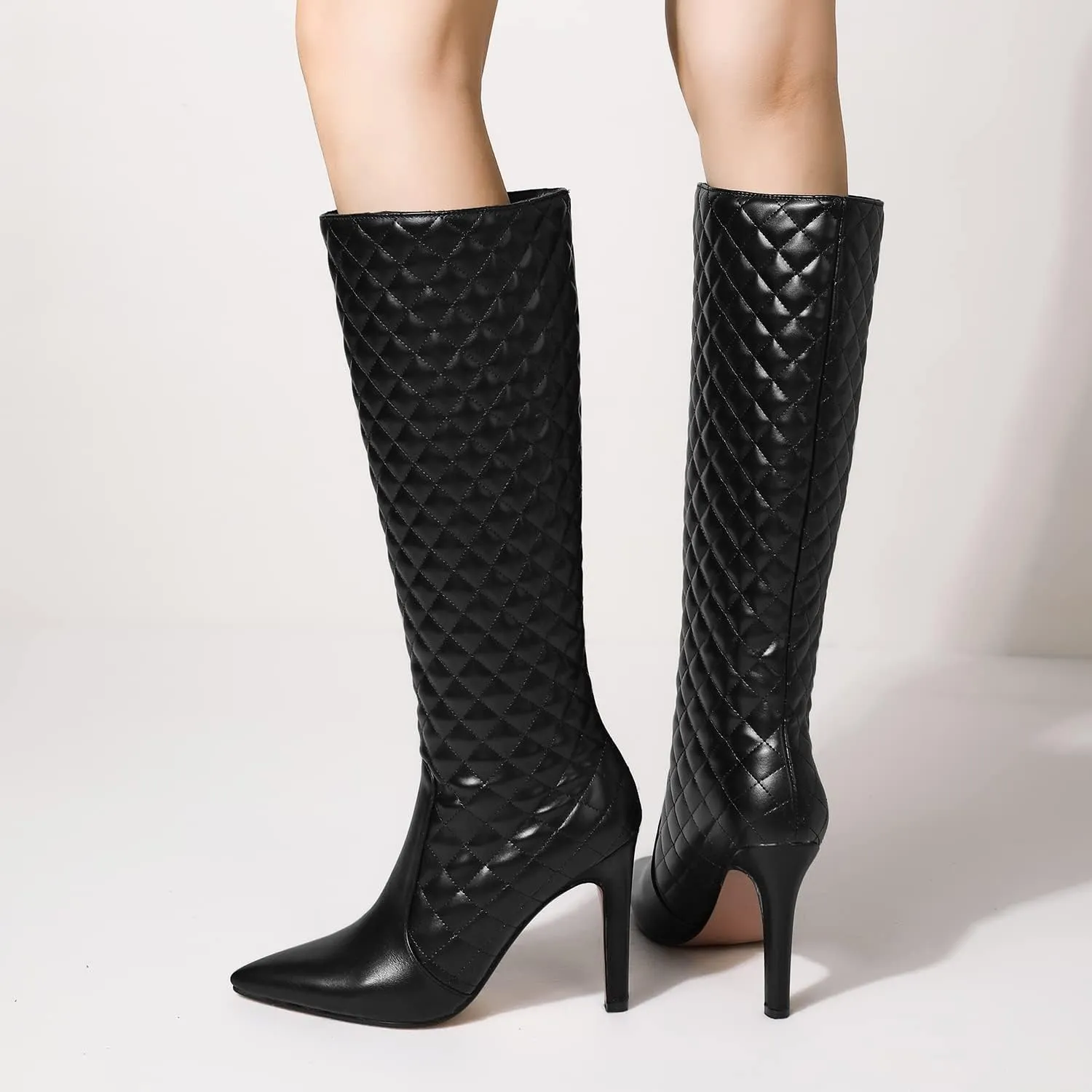 LEHOOR Women Knee High Stiletto Heel Boots Pointed Closed Toe Slip On High Heeled Dress Shoes Sexy Trendy for Ladies 4-11 M US
