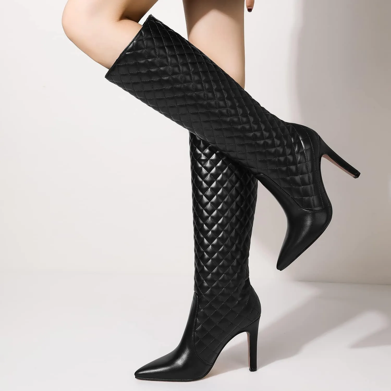 LEHOOR Women Knee High Stiletto Heel Boots Pointed Closed Toe Slip On High Heeled Dress Shoes Sexy Trendy for Ladies 4-11 M US