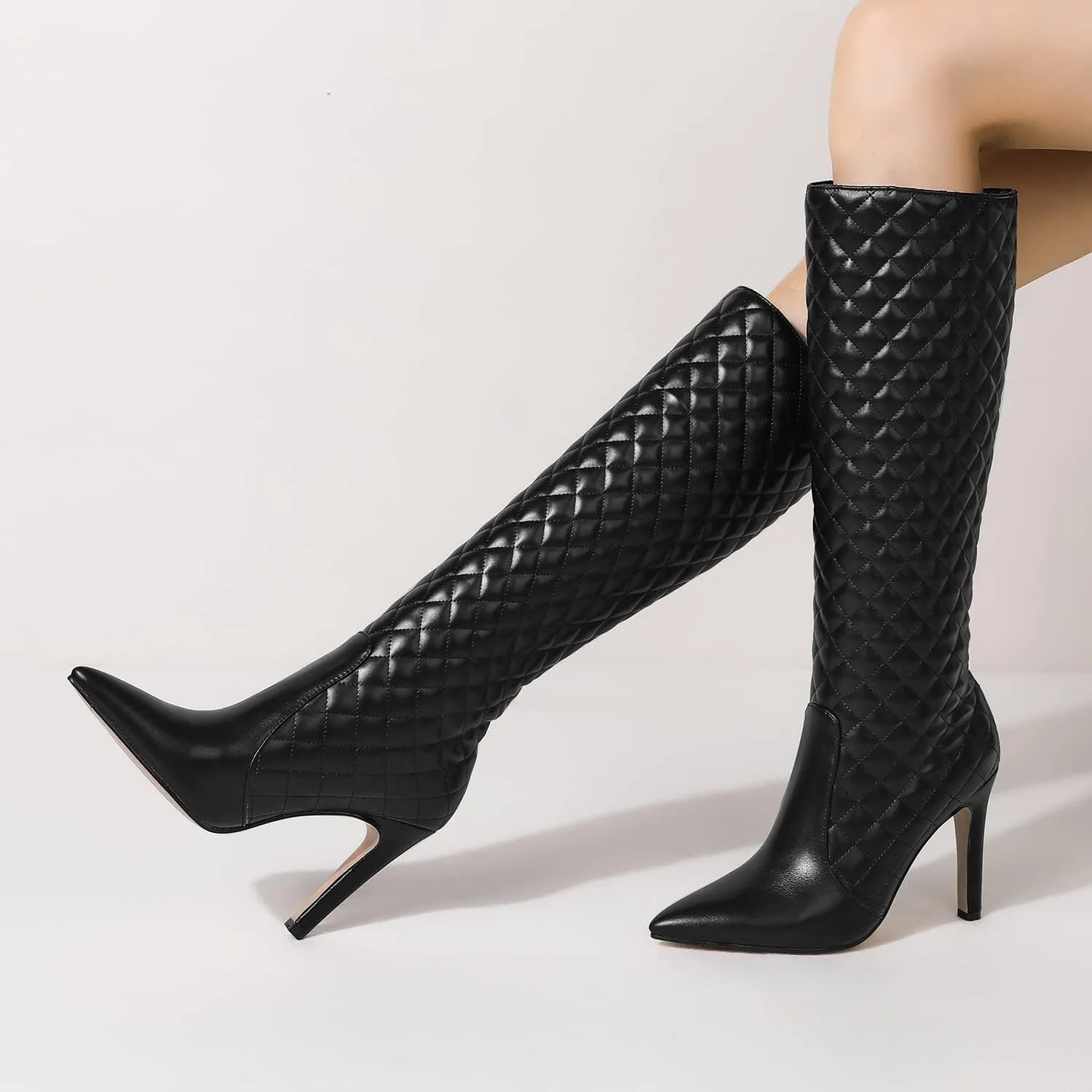 LEHOOR Women Knee High Stiletto Heel Boots Pointed Closed Toe Slip On High Heeled Dress Shoes Sexy Trendy for Ladies 4-11 M US