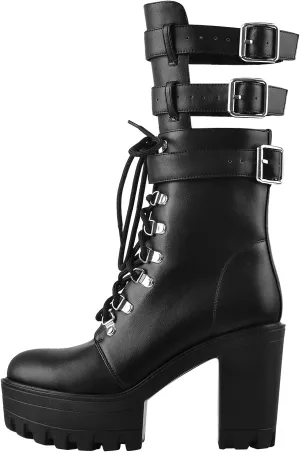 LISHAN Women's Round Toe Platform Lace Up Chunky High Heel Boots