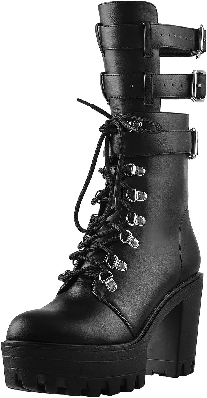 LISHAN Women's Round Toe Platform Lace Up Chunky High Heel Boots