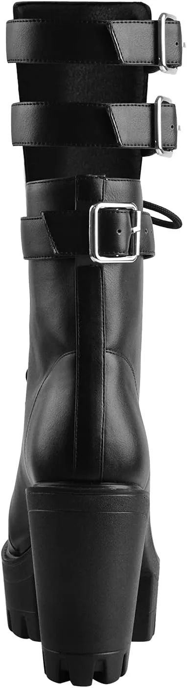 LISHAN Women's Round Toe Platform Lace Up Chunky High Heel Boots