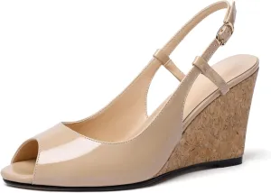 Mettesally Wedge Sandals for Women, Ankle Strap Slingback High Cork Heels Open Peep Toe Women Summer Office Dress Shoes