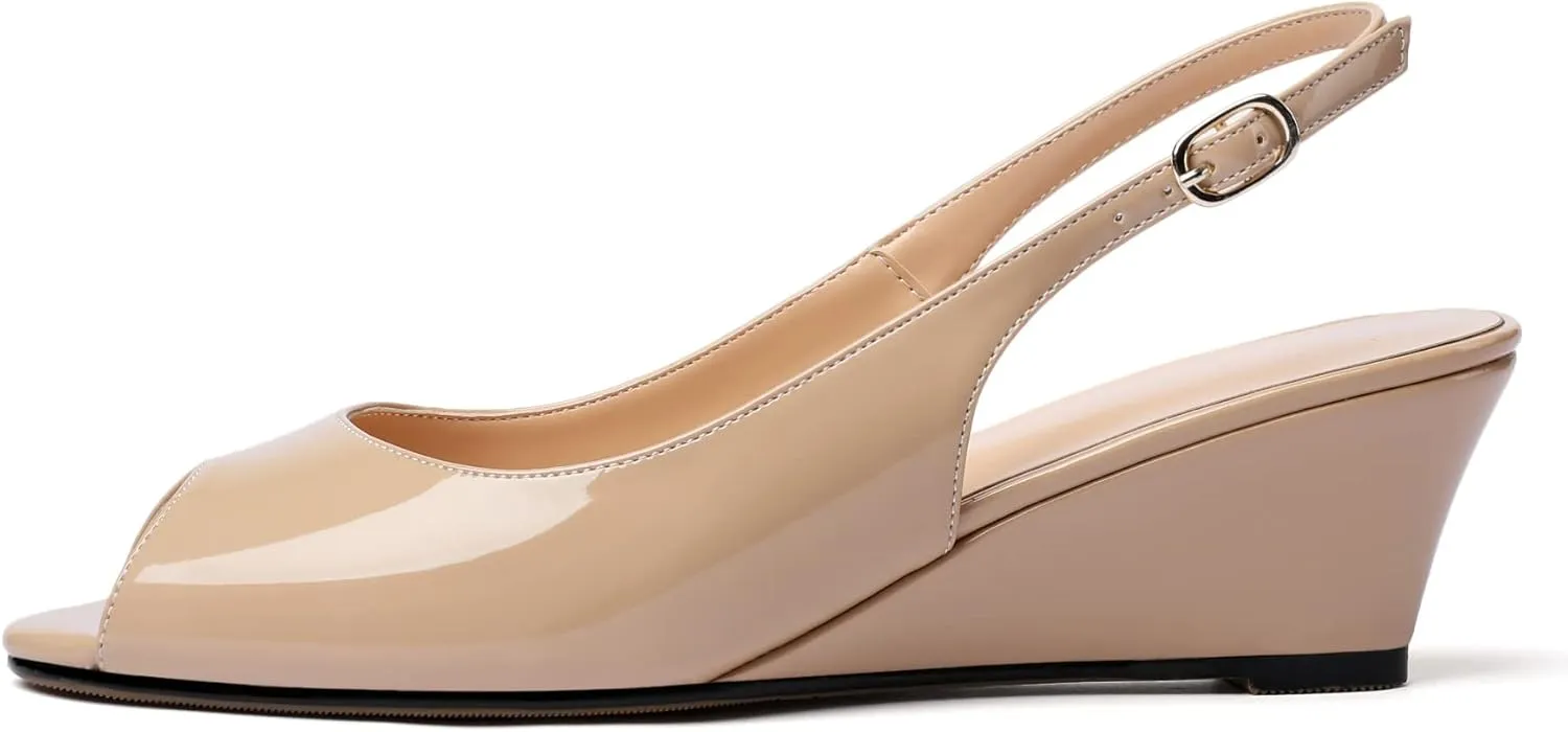 Mettesally Womens Slingback Wedge Heel Pumps Peep Toe Mid Heels Slip On Comfort Office Work Dress Heeled Shoes