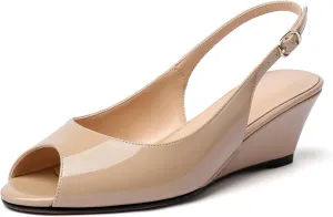 Mettesally Womens Slingback Wedge Heel Pumps Peep Toe Mid Heels Slip On Comfort Office Work Dress Heeled Shoes
