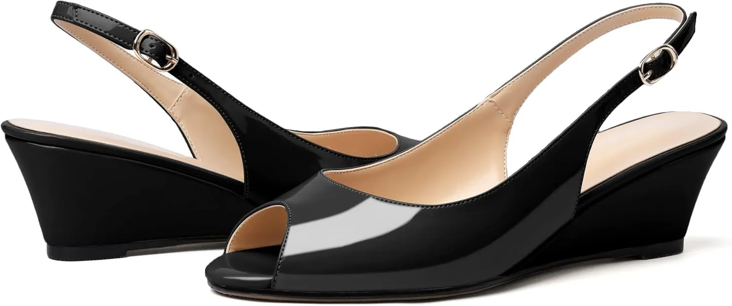 Mettesally Womens Slingback Wedge Heel Pumps Peep Toe Mid Heels Slip On Comfort Office Work Dress Heeled Shoes