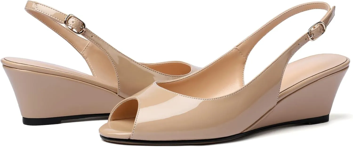 Mettesally Womens Slingback Wedge Heel Pumps Peep Toe Mid Heels Slip On Comfort Office Work Dress Heeled Shoes