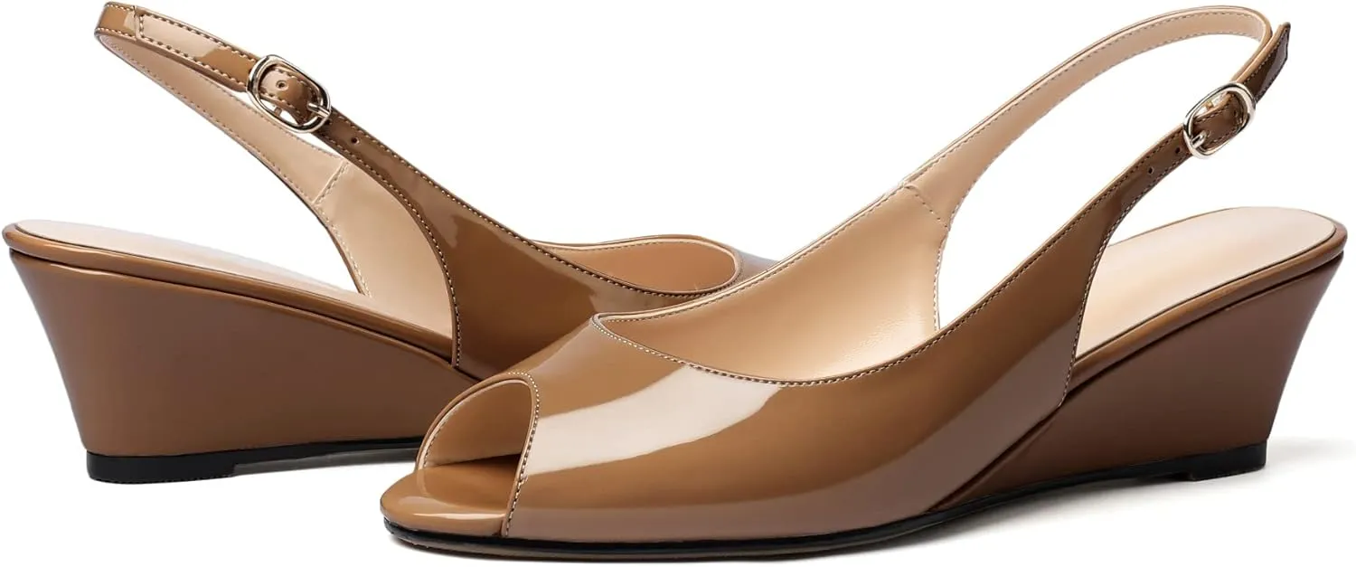 Mettesally Womens Slingback Wedge Heel Pumps Peep Toe Mid Heels Slip On Comfort Office Work Dress Heeled Shoes