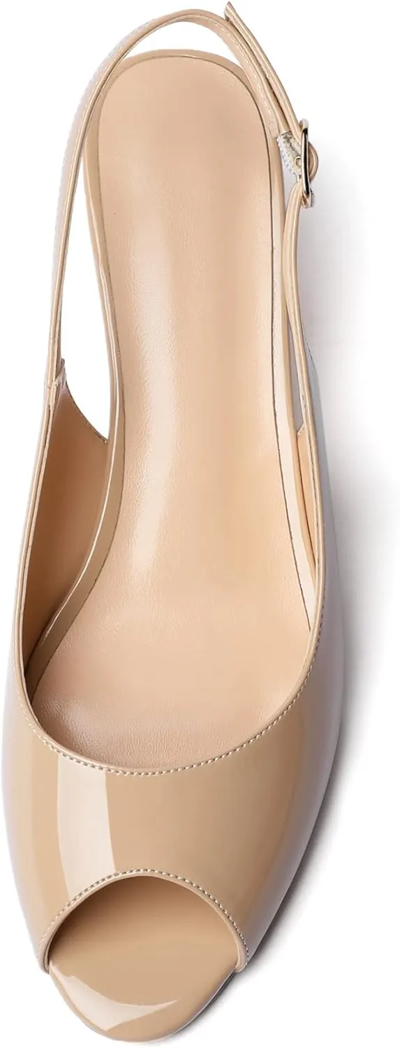 Mettesally Womens Slingback Wedge Heel Pumps Peep Toe Mid Heels Slip On Comfort Office Work Dress Heeled Shoes