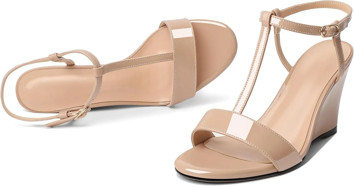 Mettesally Women's Wedge Heels T Strap High Heels Ankle Strap Open Toe Strappy Heeled Sandals Dress Shoes for Casual Party