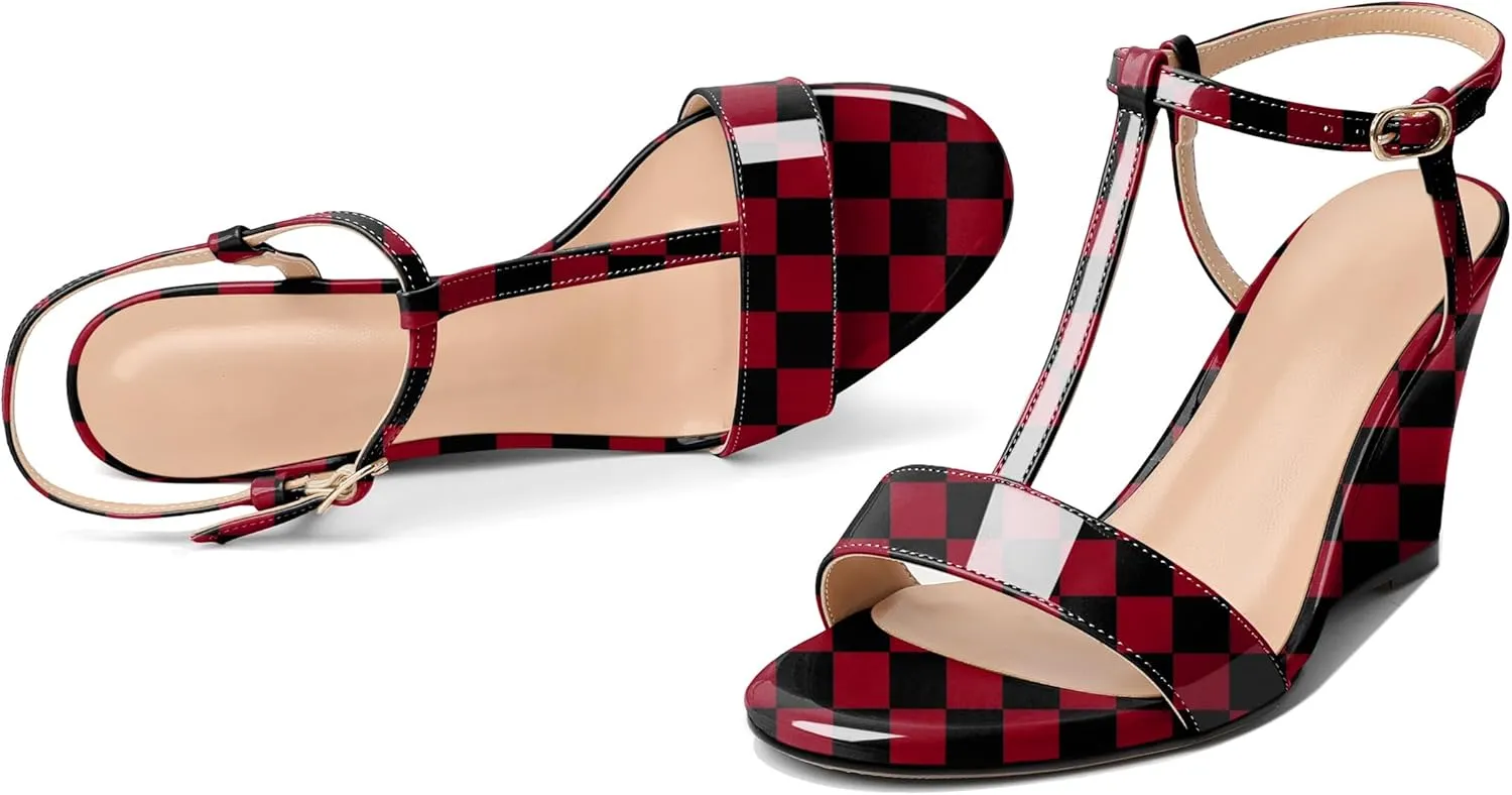 Mettesally Women's Wedge Heels T Strap High Heels Ankle Strap Open Toe Strappy Heeled Sandals Dress Shoes for Casual Party